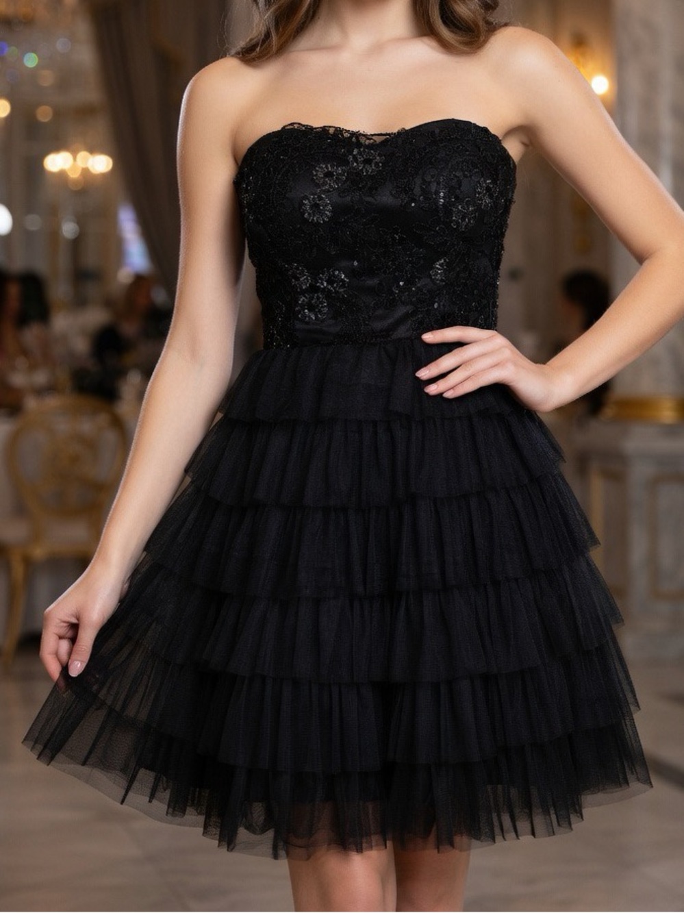 NWT Deb Vintage Y2K Black Tulle Tiered Ruffle Mini Dress Sequin Lace Prom Sz 5/6
